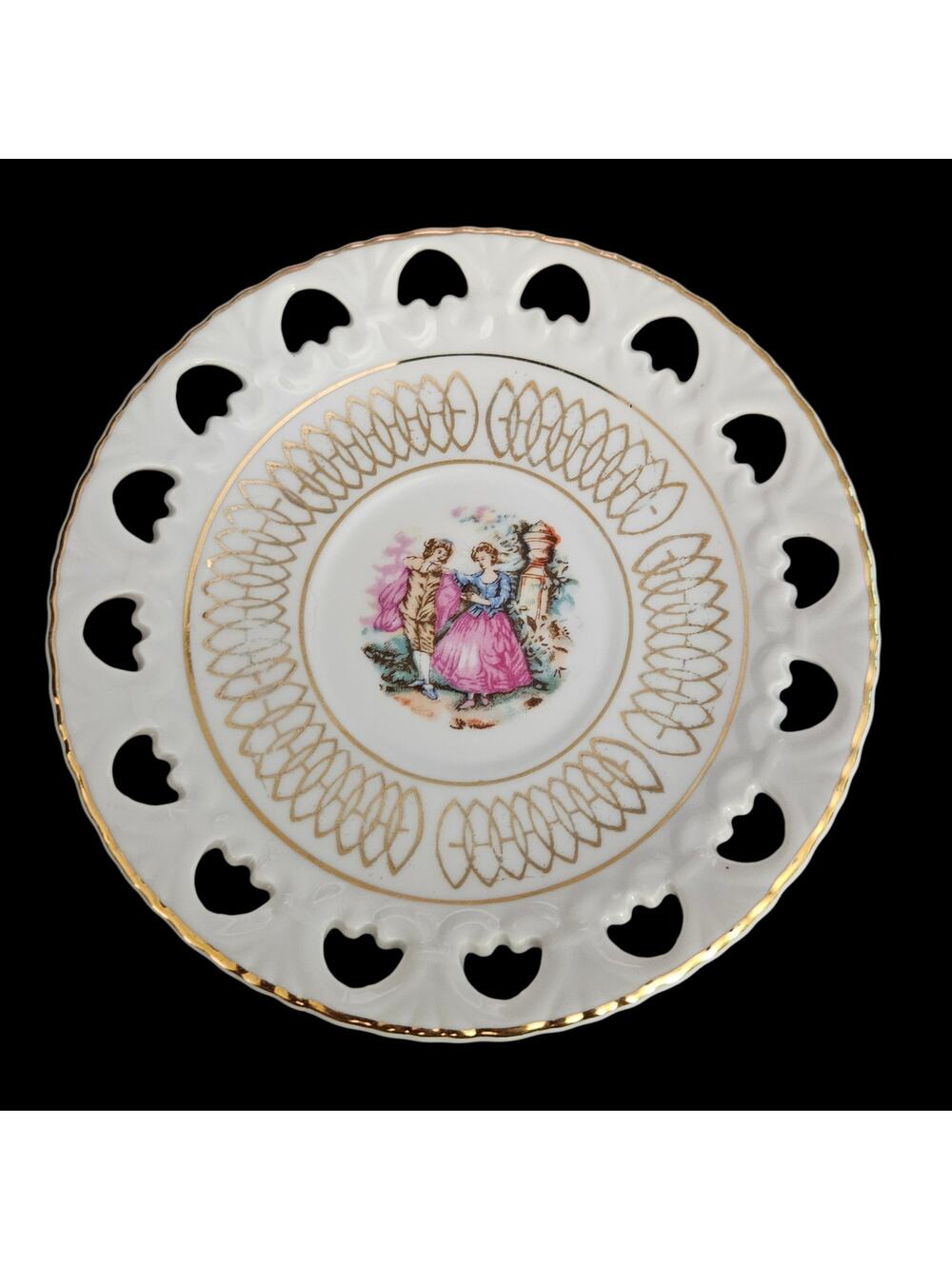 Vintage Porcelain Stylecraft Japan Reticulated Saucer Romantic Couple Gold Trim
